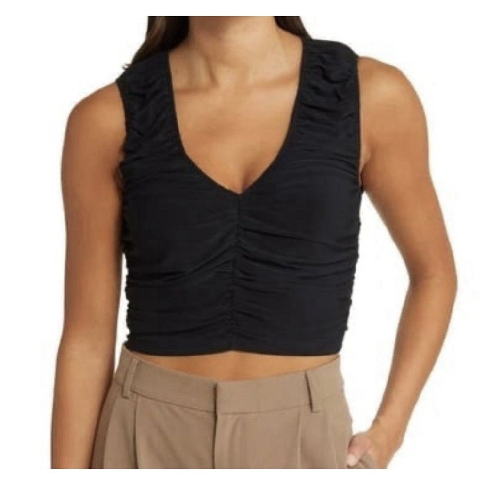 OPEN EDIT‎ Ruched Sleeveless V-neck Top In Black Women's Size Extra Small NWT